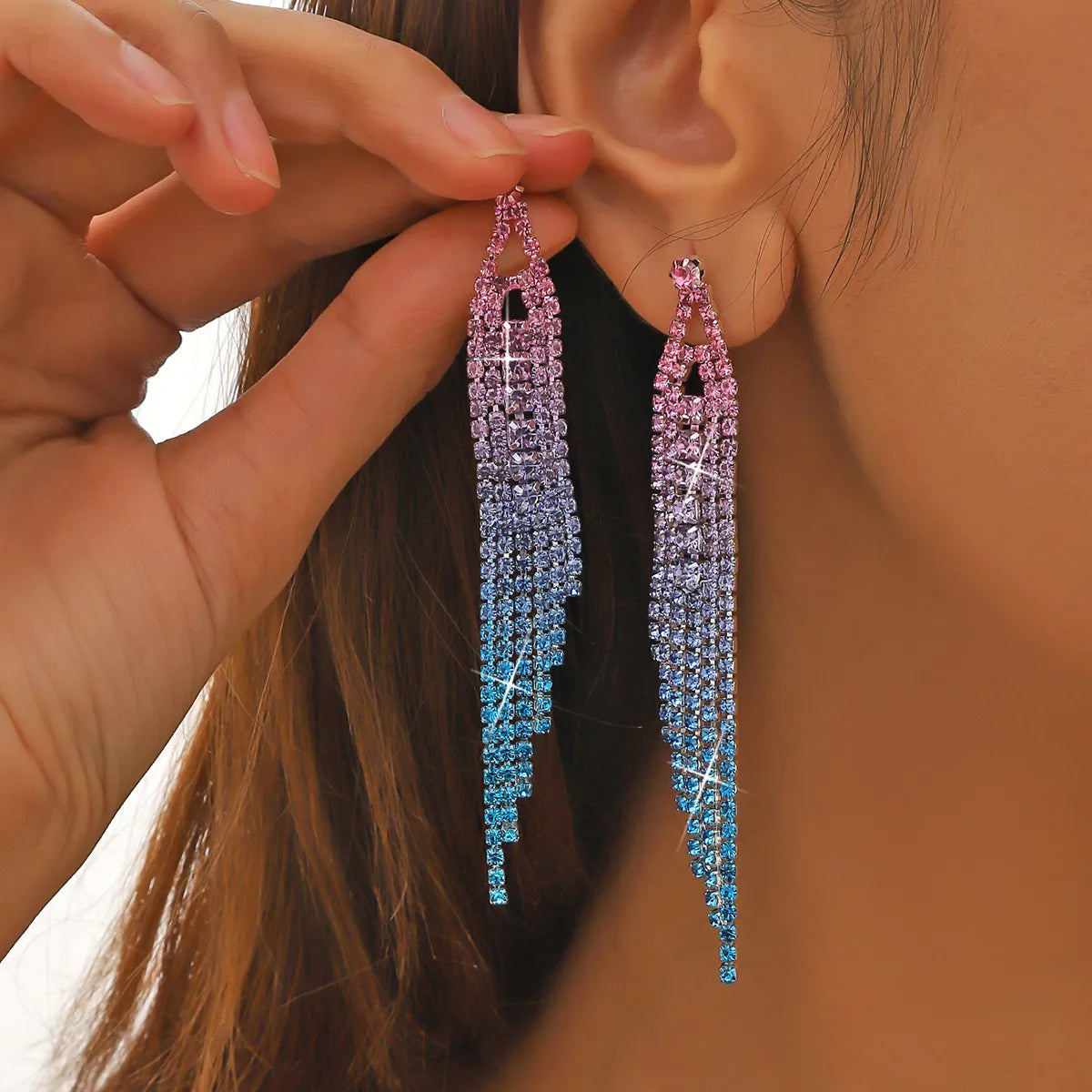 Sparkling Drop Earrings-Elegant Exaggerated Shiny Geometric Rhinestone Tassel Women's Ear Studs