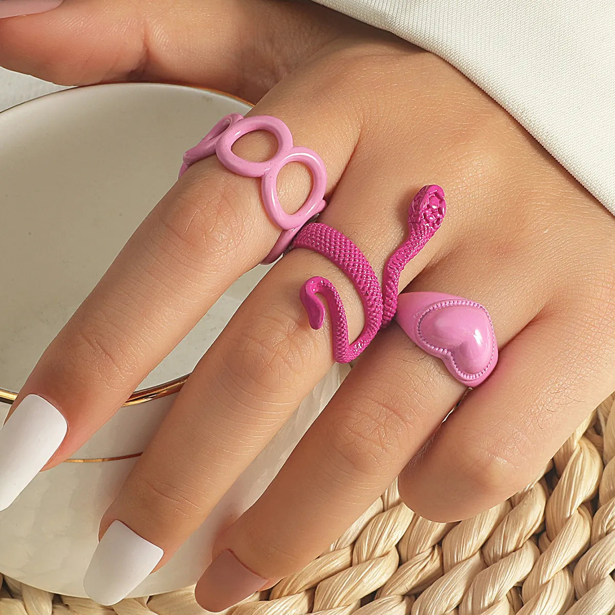 Birthstone Wedding Ring-Cross-border New Snake-shaped Ring 3-piece Set Creative Fashion Geometric Love Ring Tail Ring Jewelry