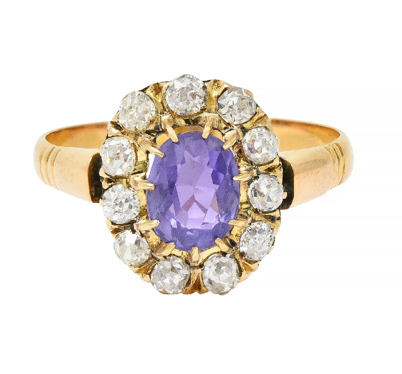 Stackable Engagement Rings-Victorian 1.78 CTW No Heat Ceylon Purple Sapphire 18 Karat Yellow Gold Antique Halo Ring GIA