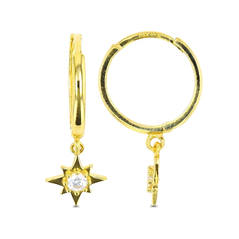 Elegant Jewelry Earrings-14KT Yellow Gold 2.5MM Hoop Earrings with Dangling Star