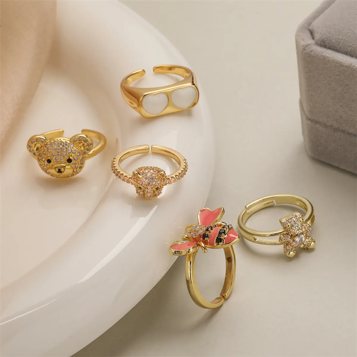 Luxury Engagement Ring Set-Luxurious Animal Bear Copper Plating Inlay Zircon Gold Plated Open Rings