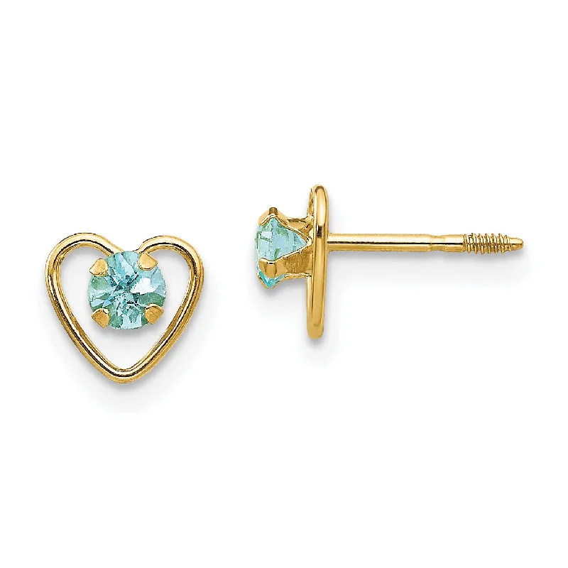 Small Gold Hoop Earrings-14KT Yellow Gold 3MM Round Aquamarine 6MM Heart Childrens Birthstone Earrings