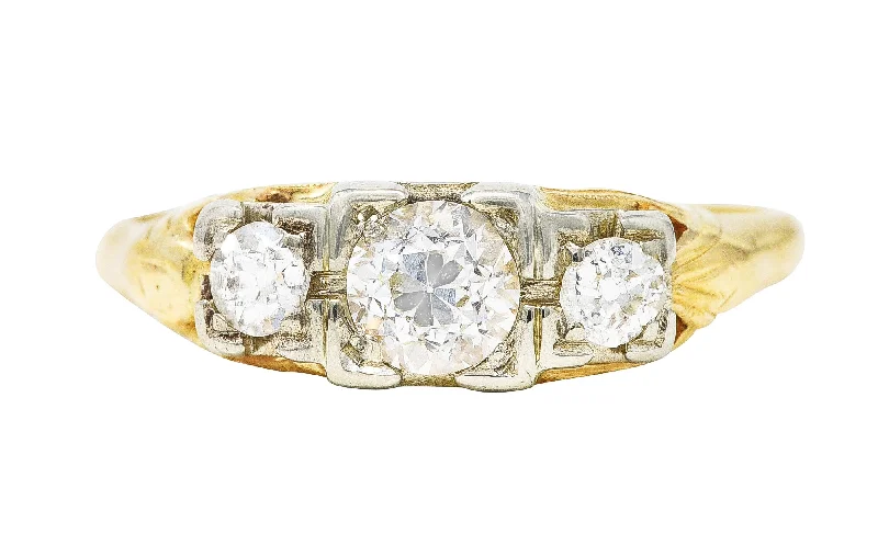 Wedding Ring Set for Women-1920's Art Deco 0.60 CTW Diamond 14 Karat Two-Tone Three Stone Ring