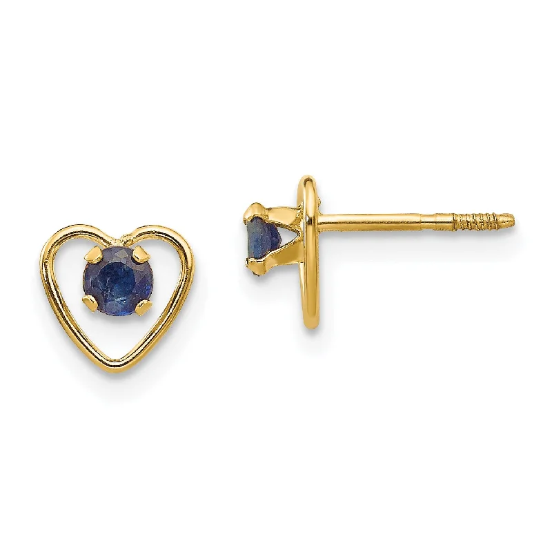 Dazzling Drop Earrings-14KT Yellow Gold 3MM Round Sapphire 6MM Heart Childrens Birthstone Earrings