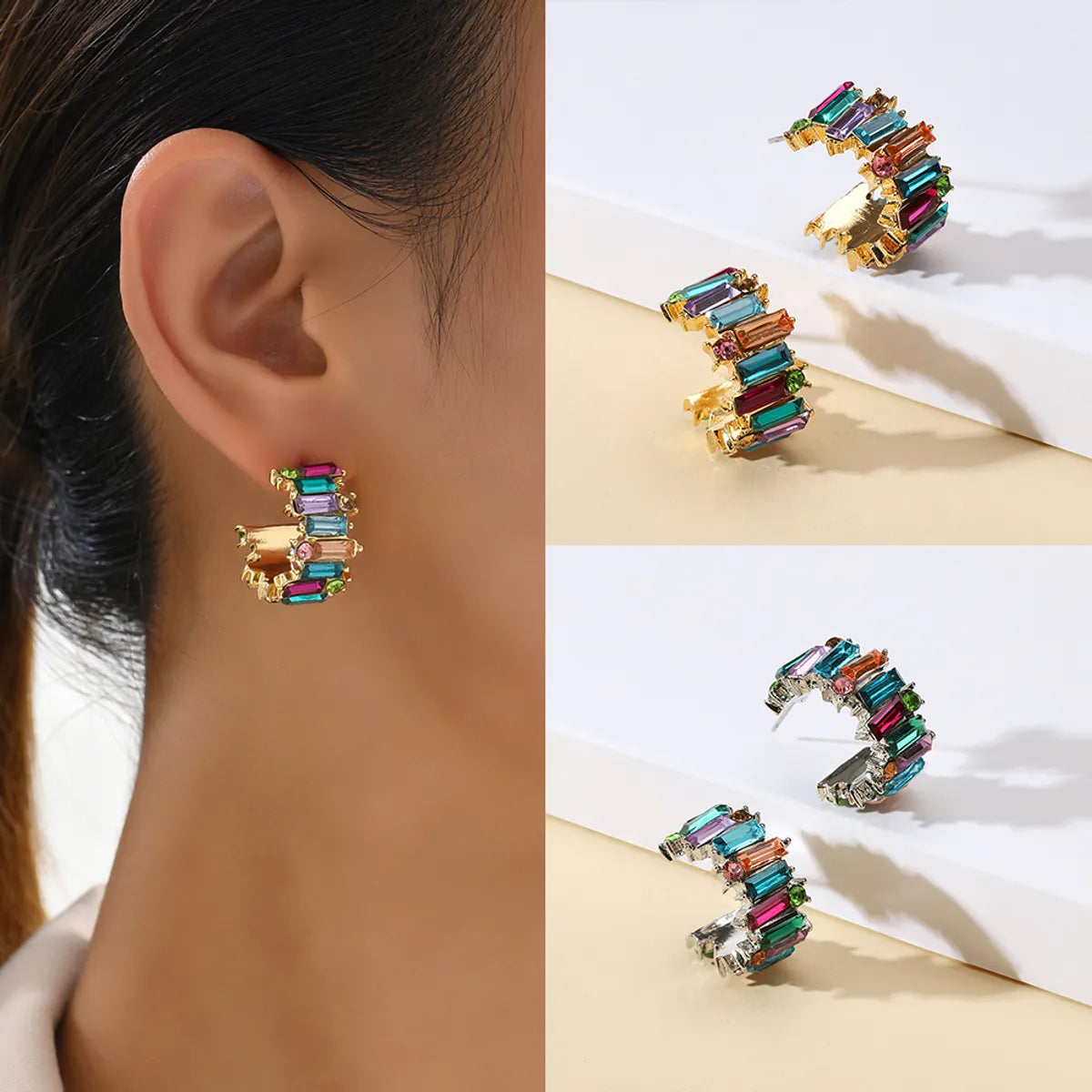 Beautiful Drop Earrings-1 Pair Simple Style C Shape Inlay Alloy Artificial Gemstones Ear Studs