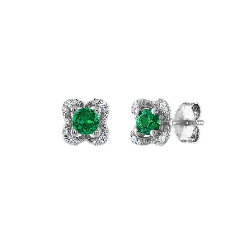 Luxury Diamond Earrings-4MM Round Emerald and White Sapphire Birthstone Flower Halo Stud Earrings in Sterling Silver