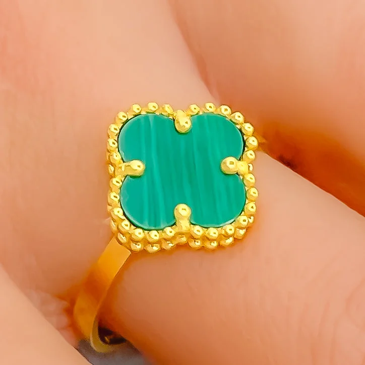 Wedding Band with Diamonds-Refined Glamorous Malachite 21K Gold Clover Ring - Size 7.25