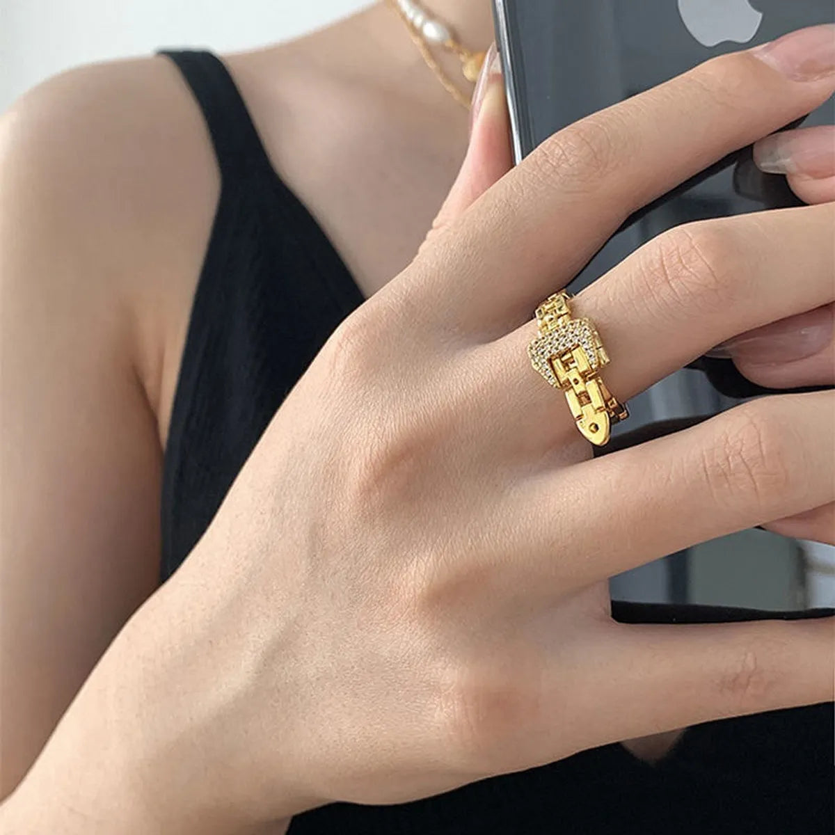 Vintage Silver Ring-Lady Geometric Copper Gold Plated Rhinestones Open Ring 1 Piece