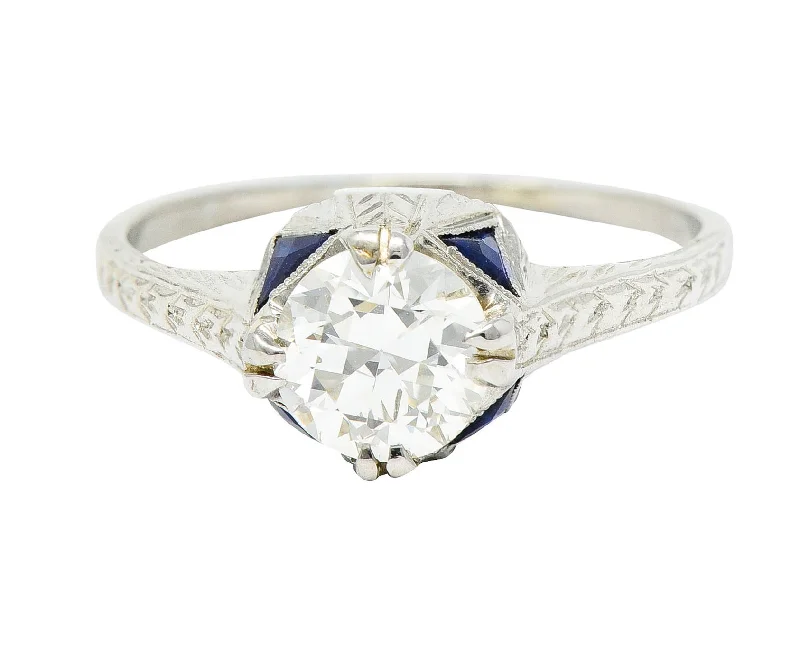 Men's Custom Wedding Ring-Art Deco 0.75 CTW Diamond Sapphire 18 White Gold Engagement Ring