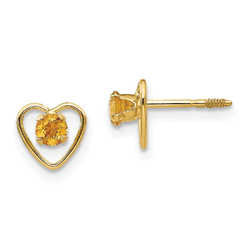 Modern Silver Drop Earrings-14KT Yellow Gold 3MM Round Citrine 6MM Heart Childrens Birthstone Earrings