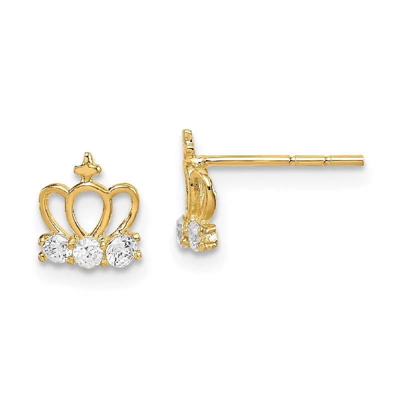 Simple Hoop Earrings for Brides-14KT Yellow Gold Cubic Zirconia Stud Tiara Crown Earrings