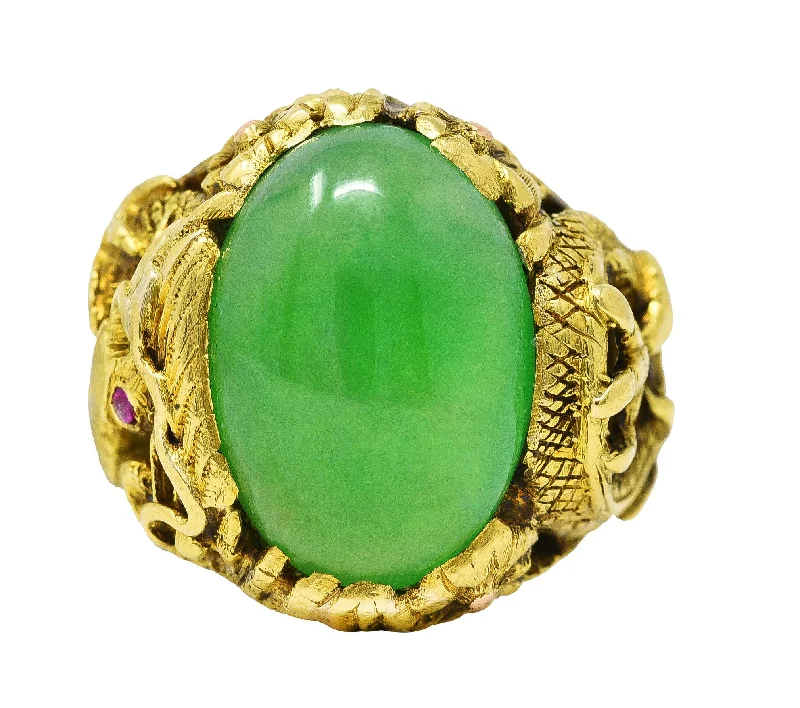 Classic Platinum Wedding Ring-Art Nouveau Jadeite Jade Ruby 18 Karat Yellow Gold Dragon Antique Ring GIA