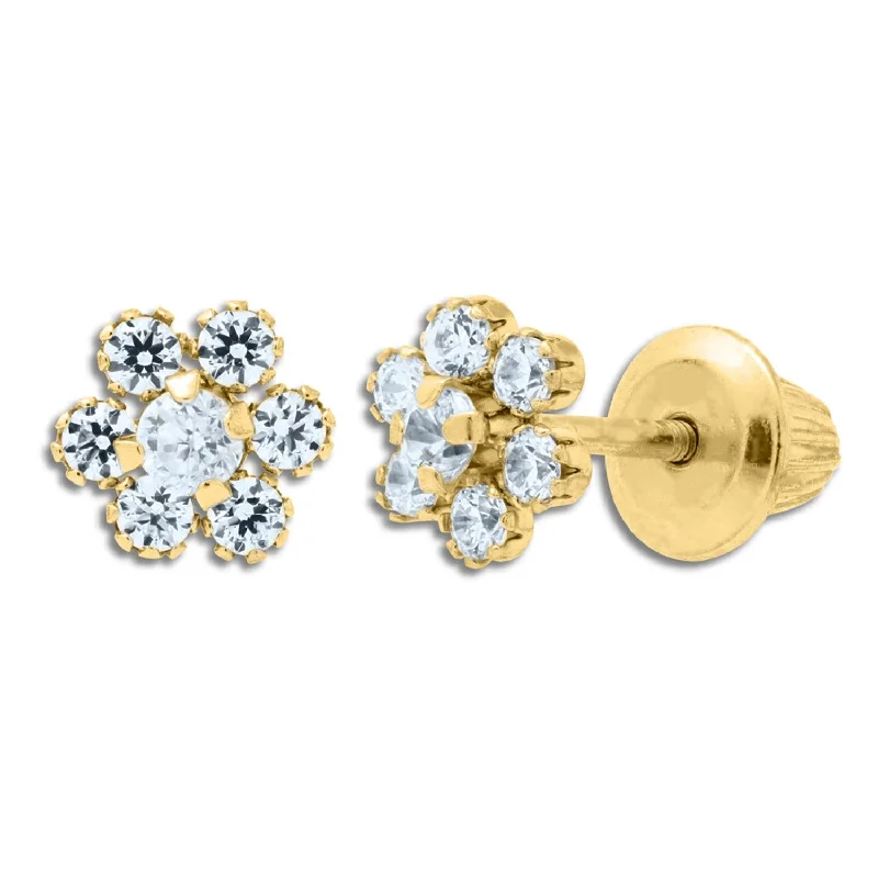 Wedding Earrings with Crystals-Kiddie Kraft 14KT Yellow Gold Cubic Zirconia Childrens Flower Stud Earrings