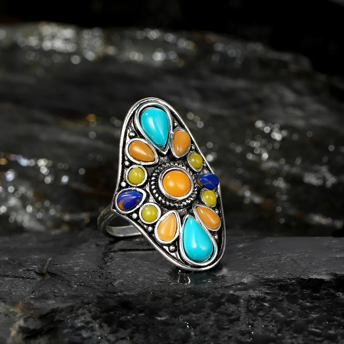 Vintage Engagement Ring with Diamonds-Fashion Retro Turquoise Mixed Color Gemstone Exaggerated Ring