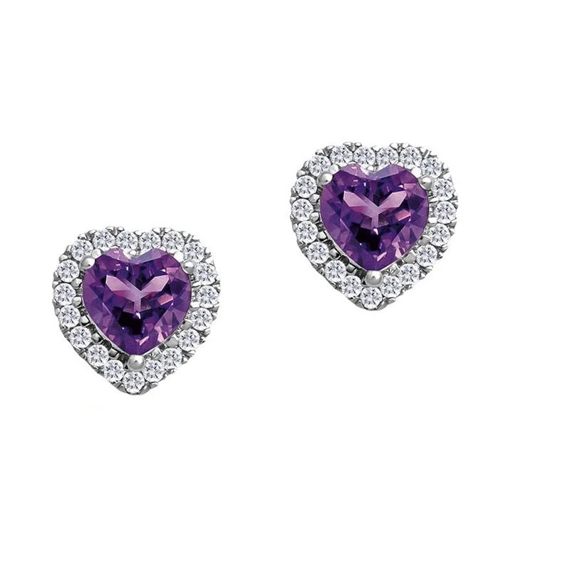 Round Hoop Earrings-5MM Heart Shape Amethyst and White Sapphire Birthstone Halo Stud Earrings in 10KT White Gold