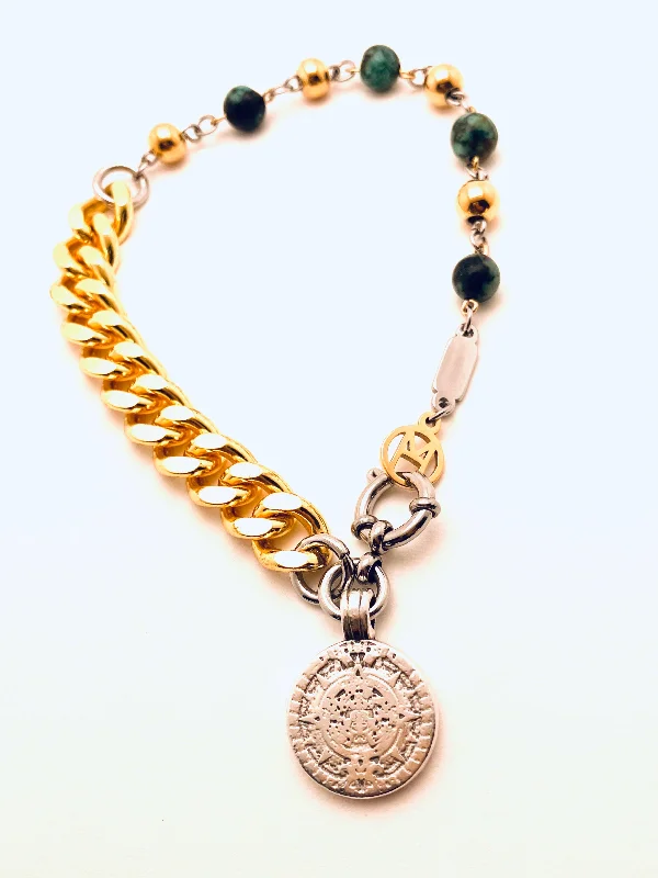 Women’s Custom Name Bracelet-Gold/Silver African Turqoise Aztec Coin Bracelet