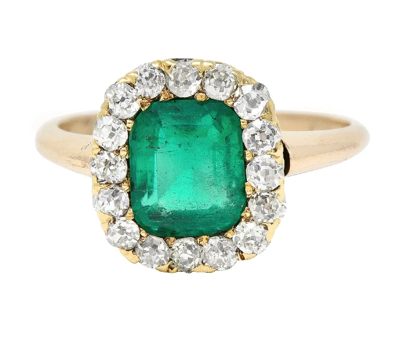 Personalized Name Ring-Victorian 2.51 CTW Cushion Cut Colombian Emerald Diamond 14 Karat Yellow Gold Antique Halo Ring GIA