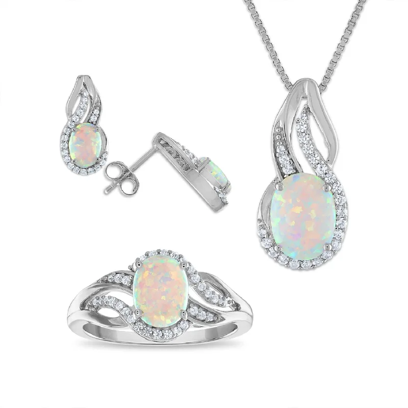 Fashion Earrings for Wedding Day-Opal and White Sapphire Halo Ring Pendant Earrings Set In Sterling Silver