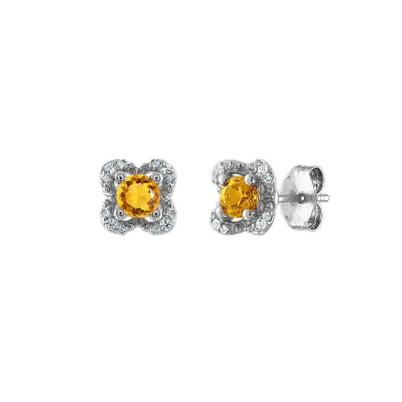 Silver Dangle Earrings-4MM Round Citrine and White Sapphire Birthstone Flower Halo Earrings in Sterling Silver