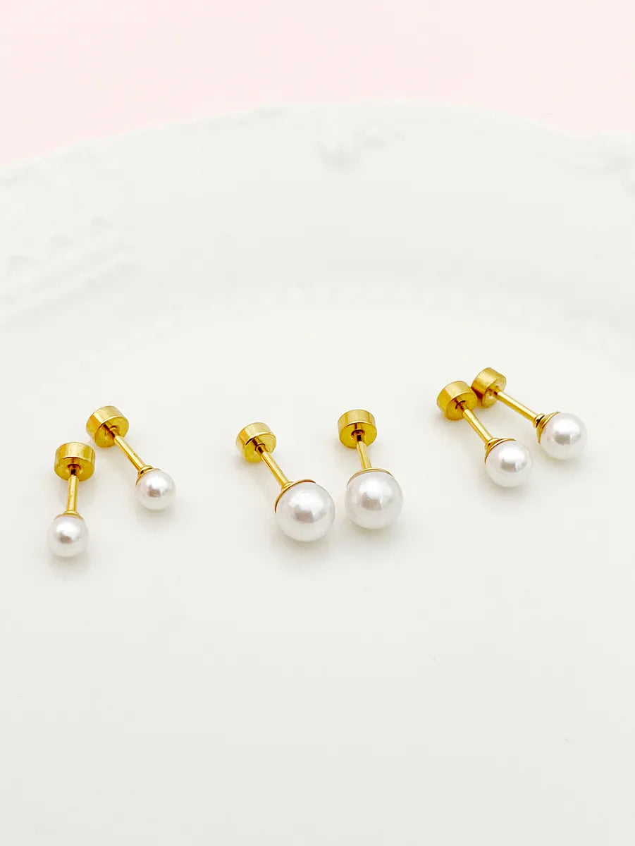 Boho Beaded Earrings-1 Pair Casual Simple Style Round Plating Stainless Steel Imitation Pearl Gold Plated Ear Studs