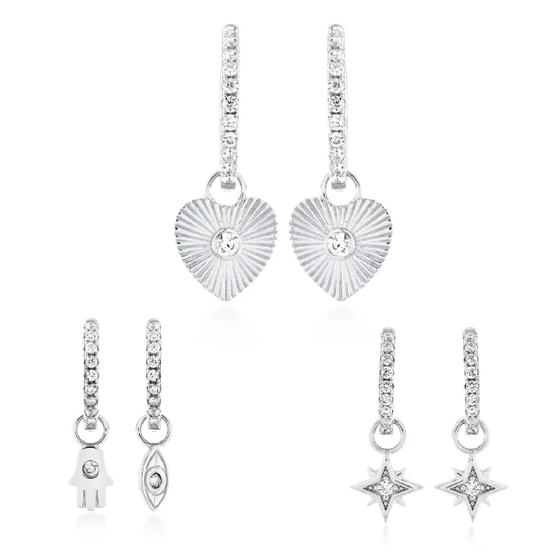 Gold Earrings for Teens-Sterling Silver 3-Pair Heart Star Hamsa Earrings