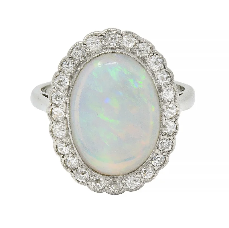 Dainty Gold Ring-Opal Art Deco Jelly Opal Diamond Platinum 18 Karat Gold Vintage Halo Ring