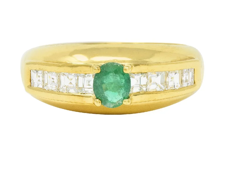 Gemstone Ring for Women-1980's 1.00 CTW Emerald Diamond 18 Karat Yellow Gold Vintage Gemstone Ring