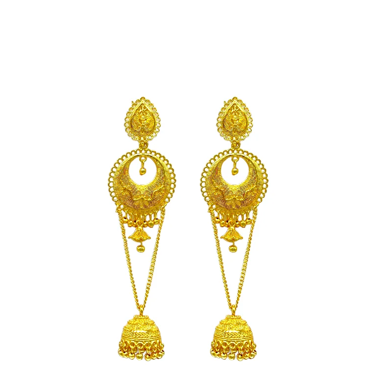 Gemstone Earrings for Brides-Gold Chandbali Earrings with chain hanging and zumkhi