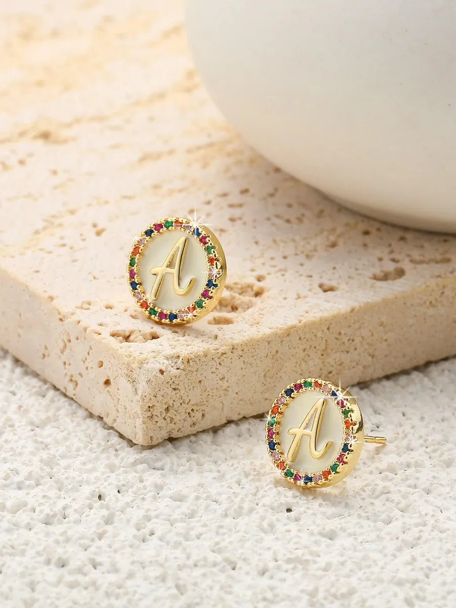 Trendy Earrings for Bridesmaids-1 Pair Simple Style Letter Plating Inlay Copper Zircon 18k Gold Plated Ear Studs