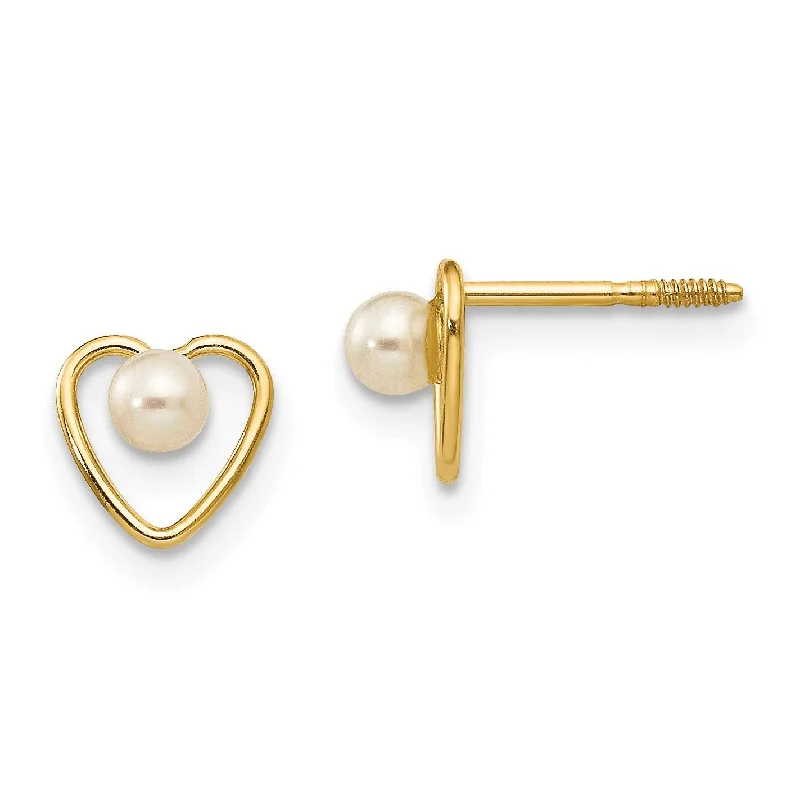 Wedding Earrings with Gemstones-14KT Yellow Gold 3MM Round Pearl 6MM Heart Childrens Birthstone Stud Earrings