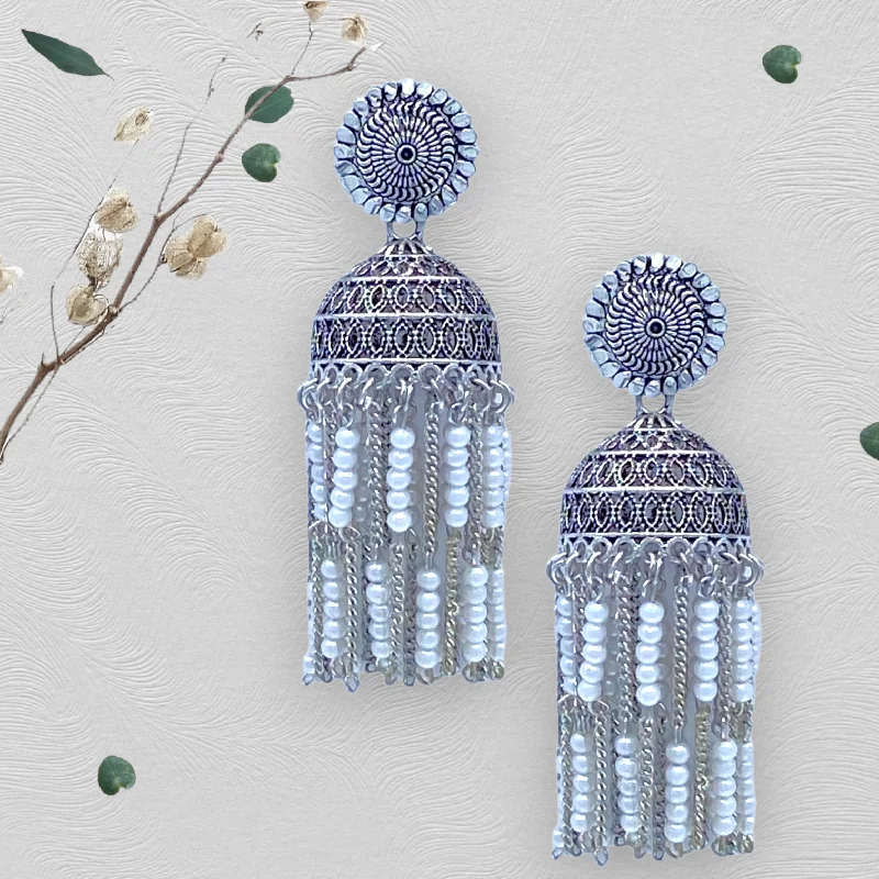 Classic Round Earrings-Pearl Tassel  Oxidised Zumkha Earrings