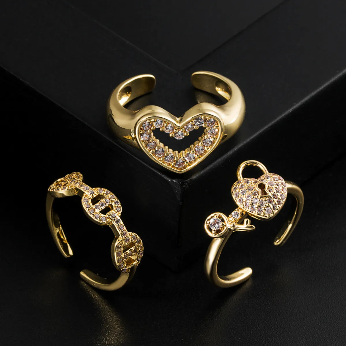 Vintage Engagement Ring Set-Fashion Heart Shape Copper Gold Plated Zircon Open Ring 1 Piece