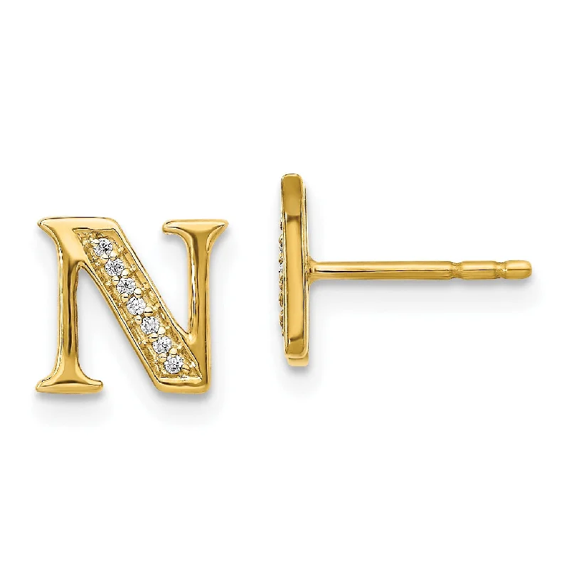 Minimalist Stud Earrings-1/25 CTW Diamond Stud Initial Earrings in 14KT Yellow Gold; Initial N