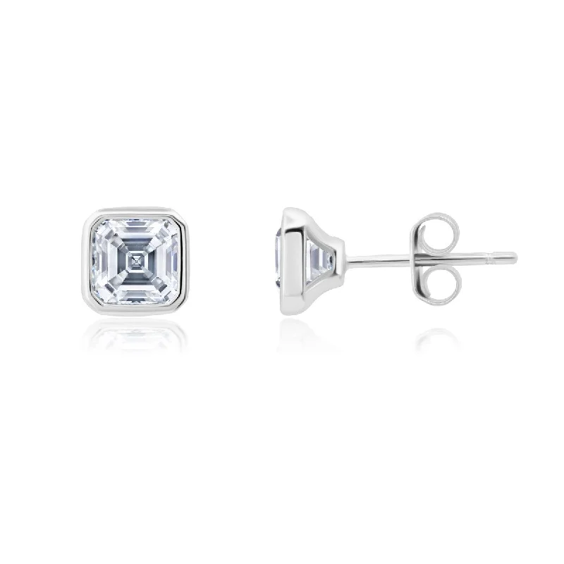 Large Stud Earrings-Crislu Platinum Plated Sterling Silver Asscher Cubic Zirconia Solitaire Stud Earrings