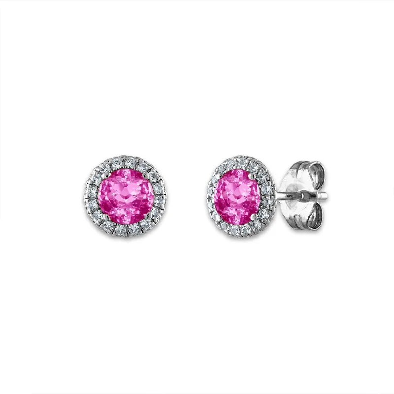 Swarovski Crystal Earrings-5MM Round Pink Sapphire and White Sapphire Birthstone Stud Earrings in Sterling Silver