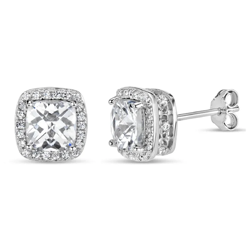 Unique Diamond Earrings-Sterling Silver 6MM Cushion Cubic Zirconia Halo Stud Earrings