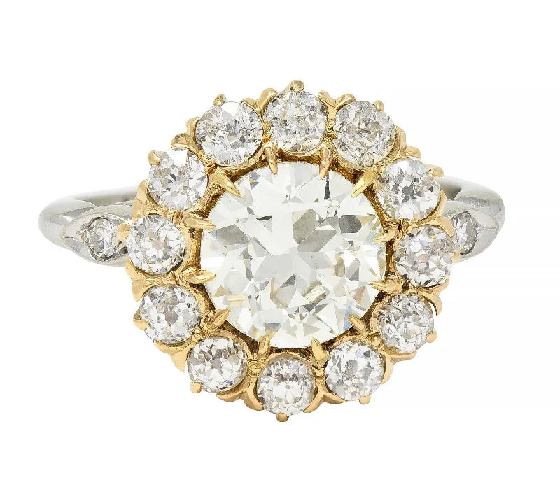 Fashionable Engagement Ring-Early Art Deco 2.95 CTW Old European Cut Diamond 14 Karat Two-Tone Gold Vintage Cluster Ring