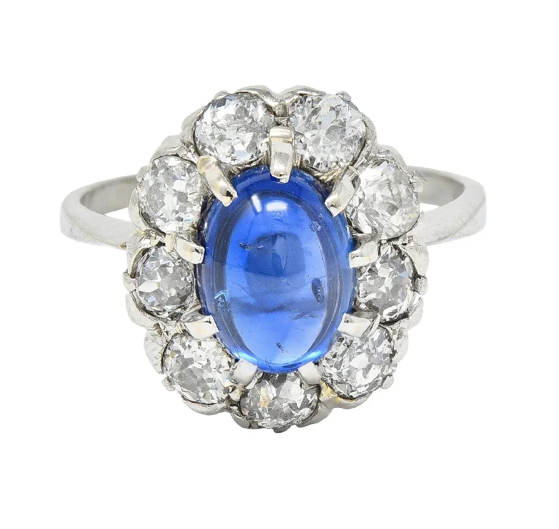 Classic Wedding Ring for Couples-Art Deco 3.52 CTW Sapphire Cabochon Diamond 18 Karat White Gold Halo Ring