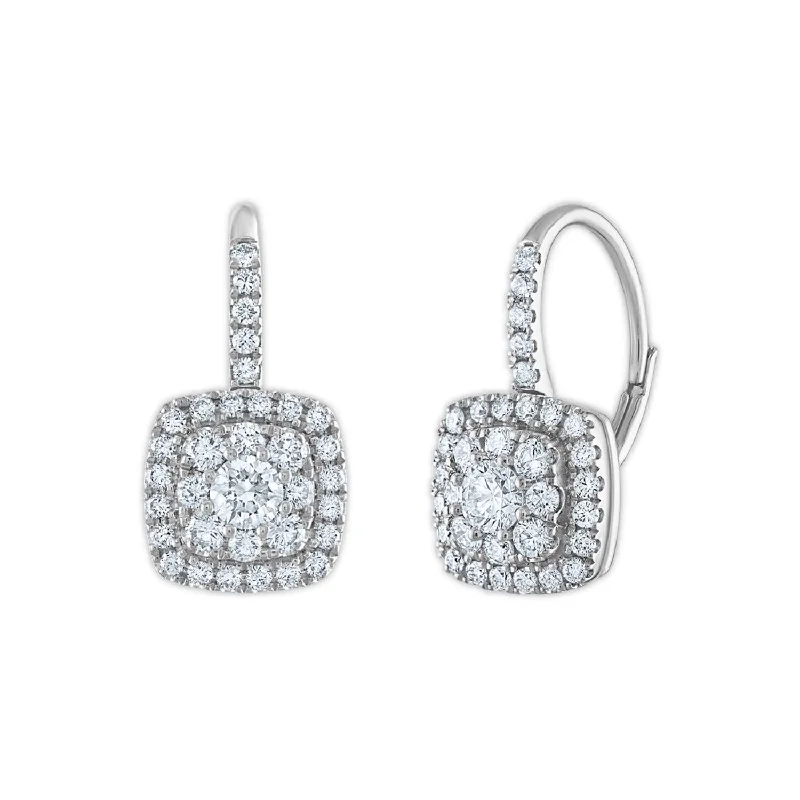 Designer Diamond Earrings-Signature EcoLove 1-1/10 CTW Lab Grown Diamond Cluster Halo Cushion Shaped Earrings in 14KT White Gold