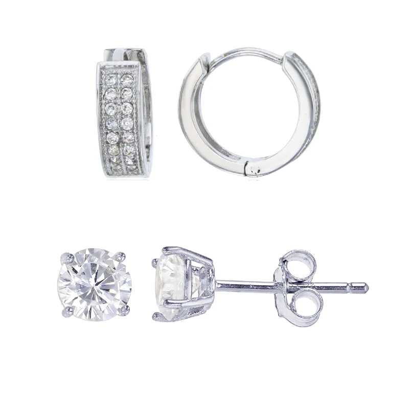 Elegant Gemstone Stud Earrings-Sterling Silver 5MM Round Cubic Zirconia Hoop Stud Huggie 2-Pair Box Set Earrings