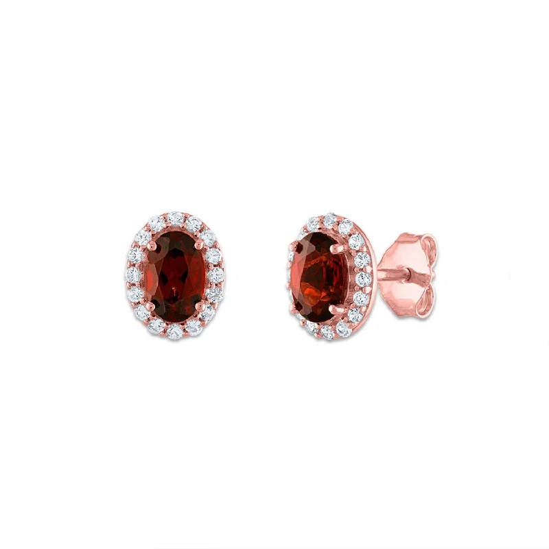 Boho Beaded Earrings-6X4MM Oval Garnet and Sapphire Birthstone Halo Stud Earrings in 10KT Rose Gold