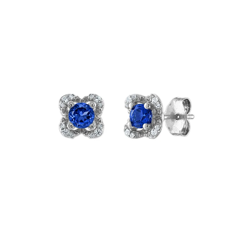 Vintage Earrings for Women-4MM Round Sapphire and White Sapphire Birthstone Flower Halo Earrings in Sterling Silver