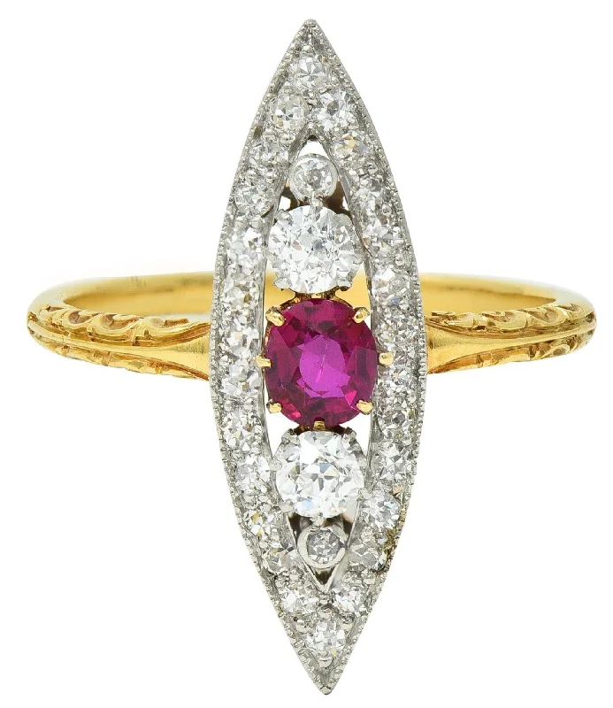 Personalized Engagement Ring-Edwardian 0.62 CTW Ruby Diamond Platinum 18 Karat Yellow Gold Scroll Antique Navette Ring