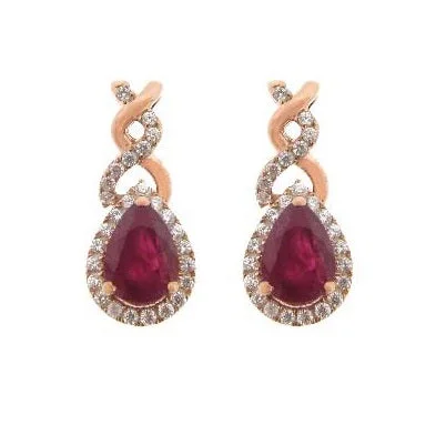 Fashionable Stud Earrings-6X4MM Pear Ruby and Diamond Stud Twist Earrings in 10KT Rose Gold