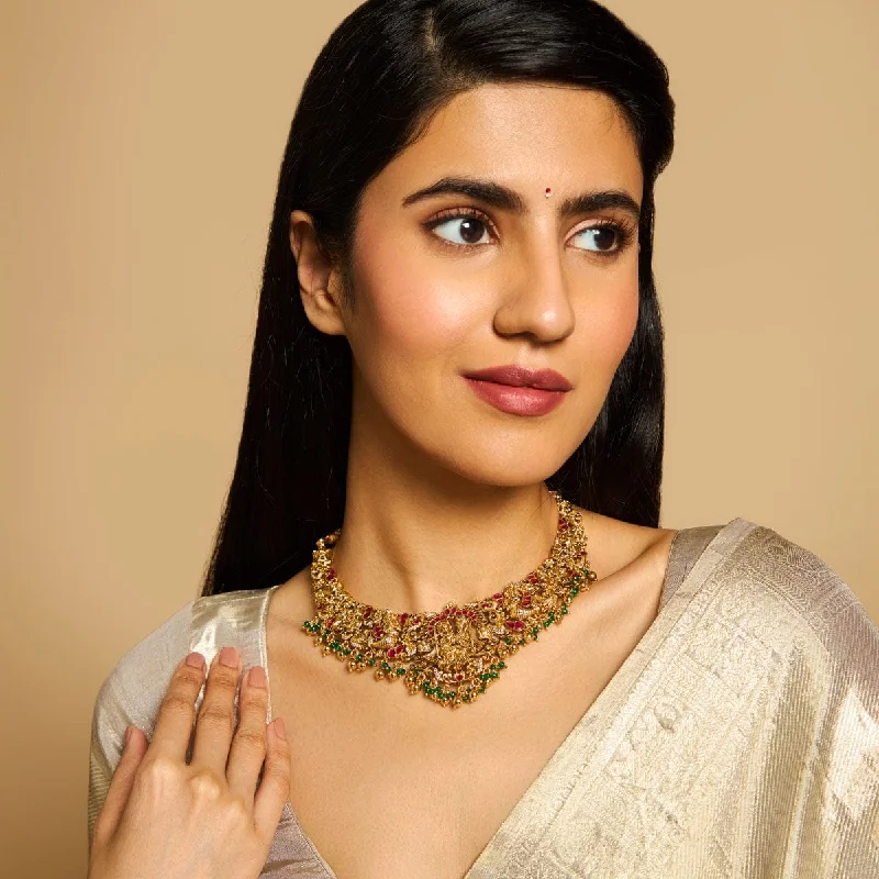 Gold Necklace with Gemstones-Silver Temple Necklace 159549