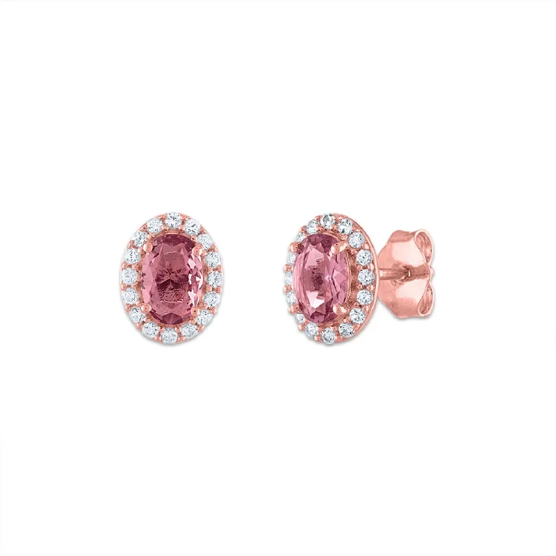 Vintage Silver Earrings-6X4MM Oval Alexandrite and Sapphire Birthstone Halo Stud Earrings in 10KT Rose Gold