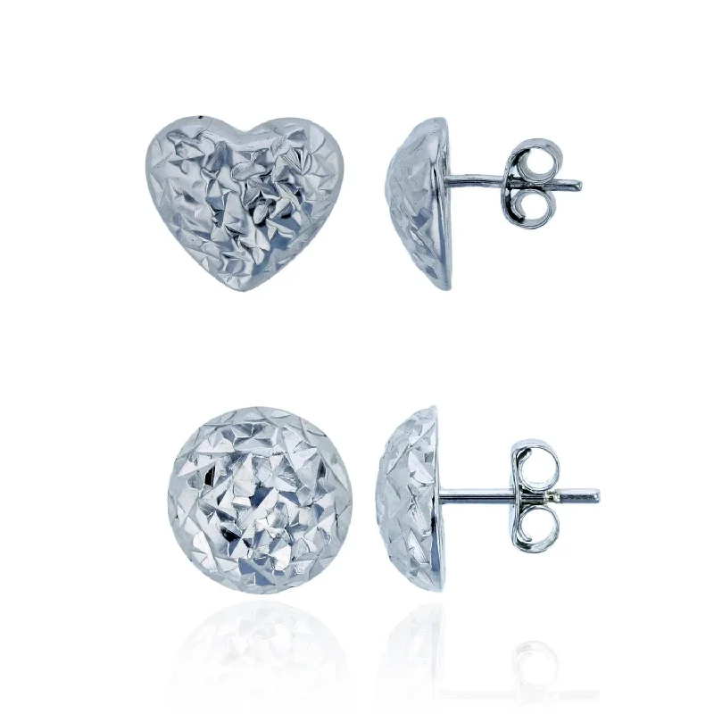 Elegant Gemstone Earrings-Sterling Silver 10MM Diamond-cut Heart Stud 2-Pair Set Earrings