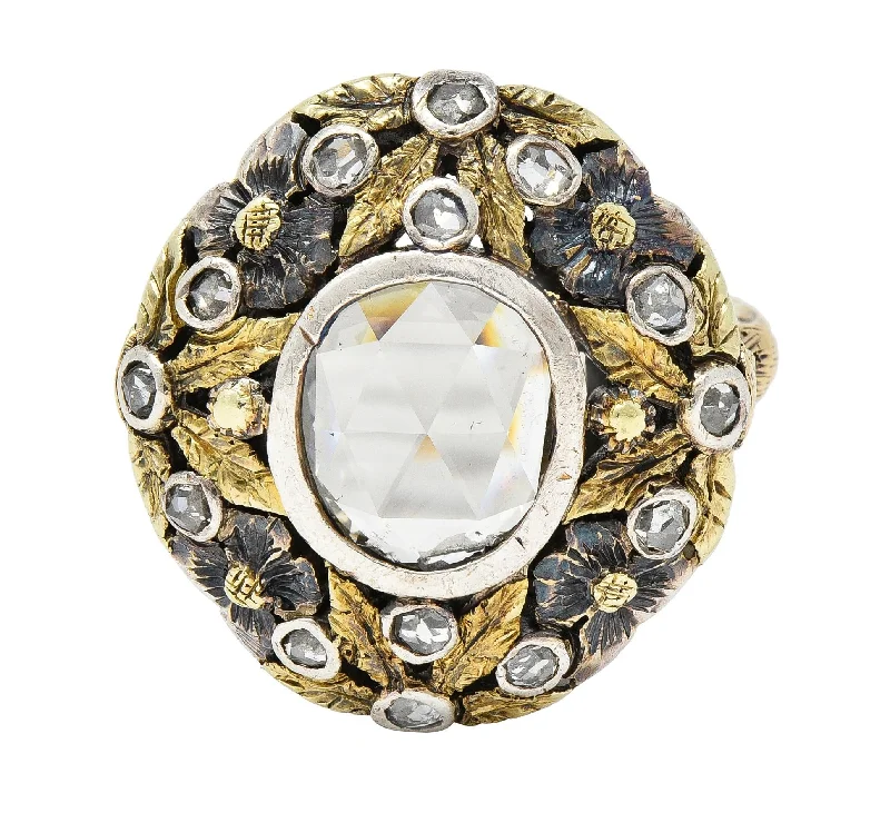 Diamond Ring for Wedding Day-Arts & Crafts 1.26 CTW Rose Cut Diamond Silver-Topped 14 Karat Gold Floral Ring