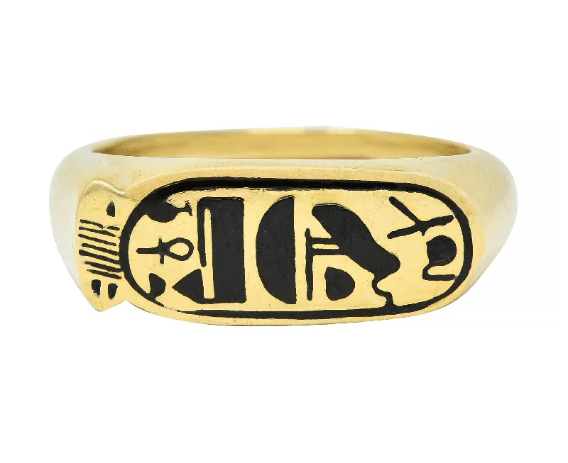 Men's Silver Wedding Band-Contemporary Enamel 14 Karat Yellow Gold Egyptian Revival Cartouche Signet Ring