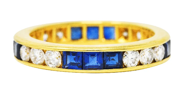 Elegant Wedding Ring-3.00 CTW Diamond Sapphire 18 Karat Yellow Gold Eternity Channel Band Ring